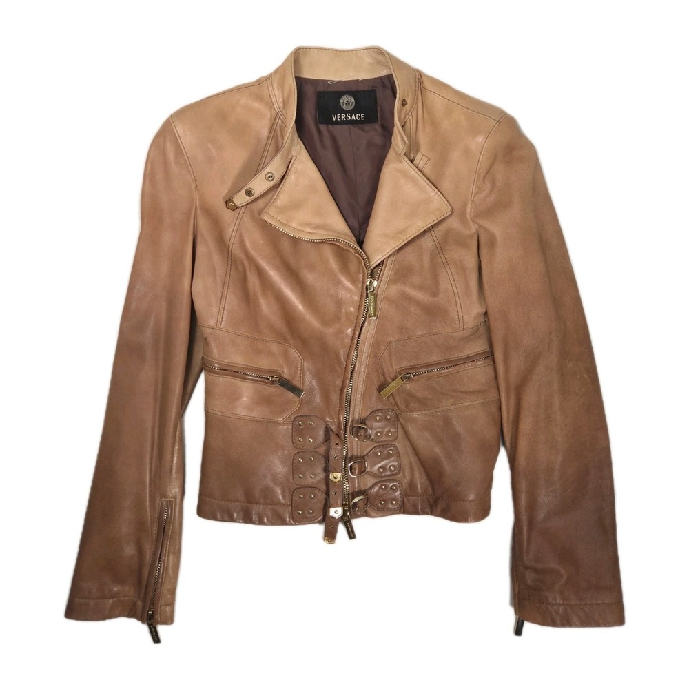 Vintage Tan Versace Ombre Tan Womens Leather Moto Jacket Gold Zip Size 42 Small